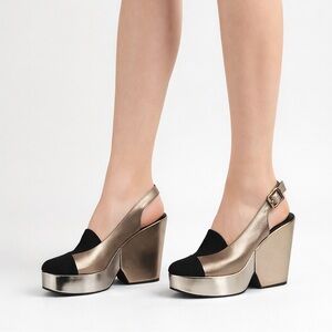 Robert Clergerie Black & Metallic Gold Platform Wedge Slingback Shoes